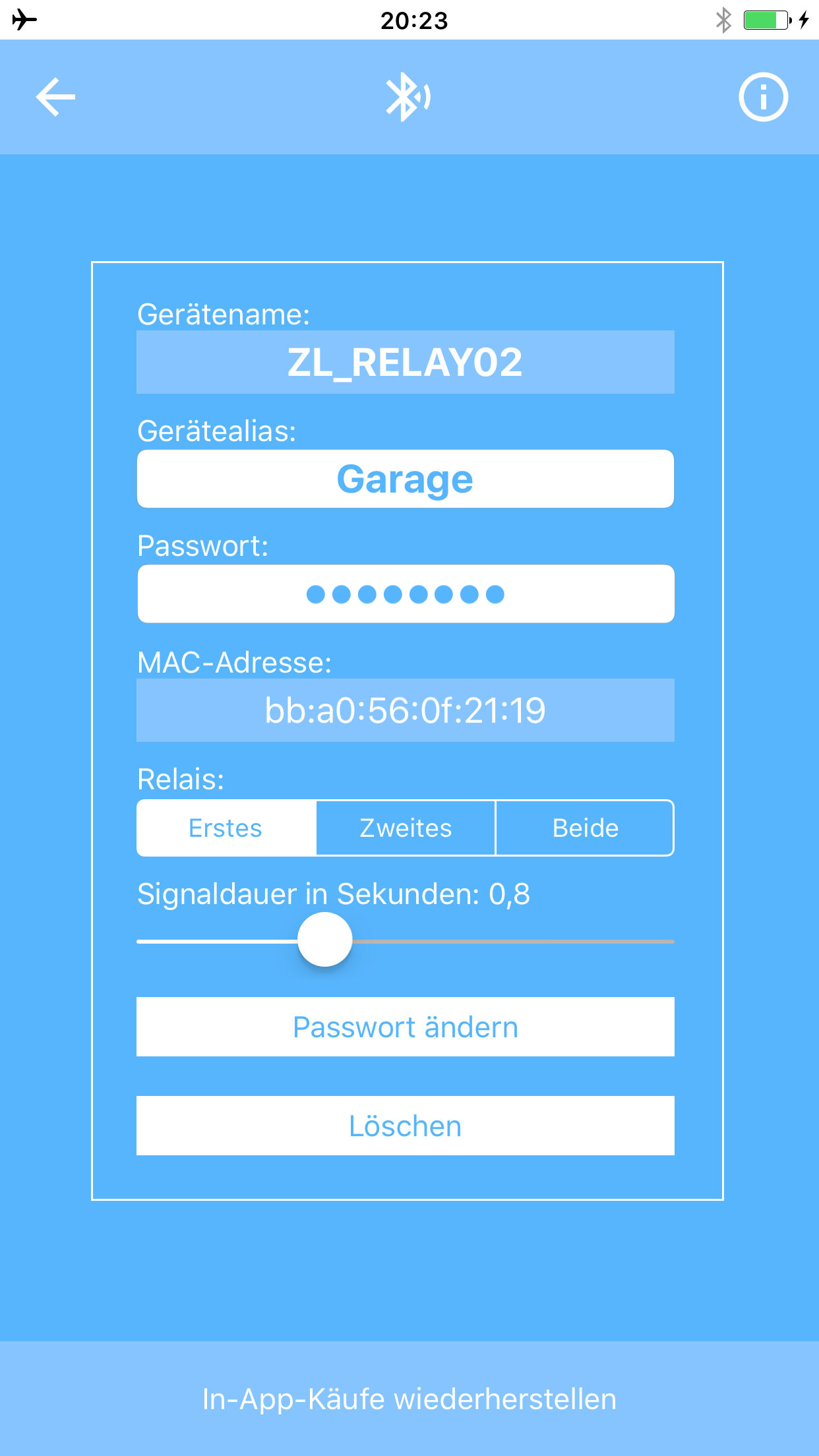 2 Kanal Relais Modul Bluetooth Einstellungen (App läuft auch mit einem iPad)